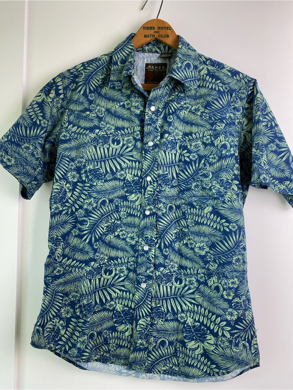 Roper Blue Button-Up Shirt with Light Green Tropical Print Pearl Snaps